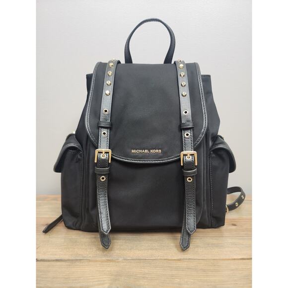 Michael Kors Handbags - Michael Kors Leila Flap Medium Nylon Backpack Bag Gold Studs